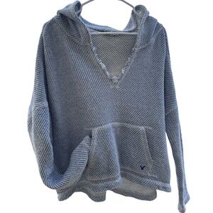 American Eagle Outfitters Women's Blue White Knit Hoodie Pullover V Neck Size L